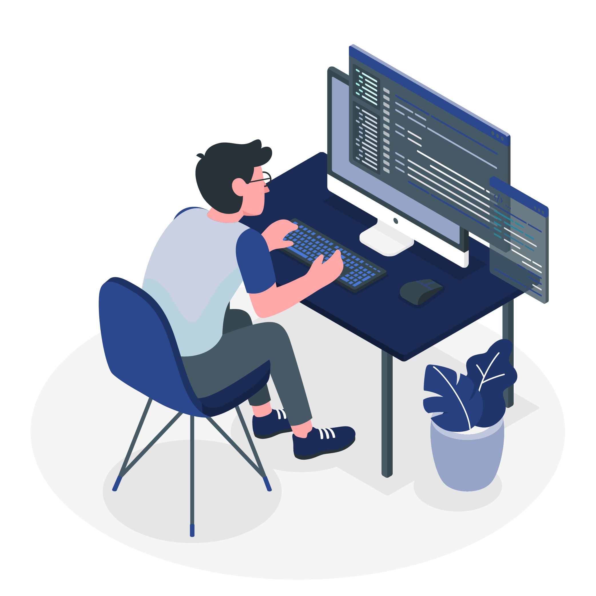rappresentazione grafica stilizzata di un ragazzo al computer, seduto ad una scrivania