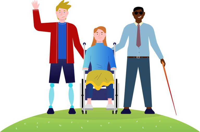 rappresentazione stilizzata di persone con disabilità felici che salutano