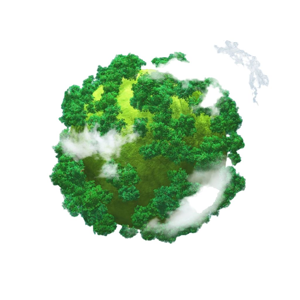 pianeta terra stilizzato visto dall'alto, composto da soli alberi con delle nuvole attorno