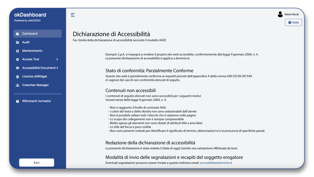 immagine della sezione dichiarazione di accessibilità della dashboard di okaccedo, dove vengono consegnati i fac-simili delle dichiarazioni di accessibilità
