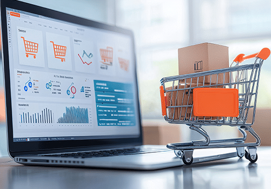 Carrello della spesa miniaturizzato davanti ad un pc