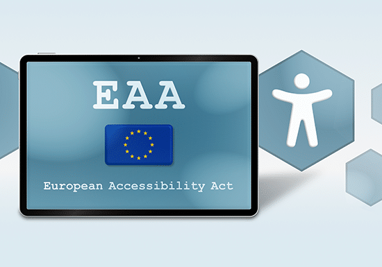 Logo e scritta dell'European Accessibility Act su uno schermo, icona di accessibilità sullo sfondo