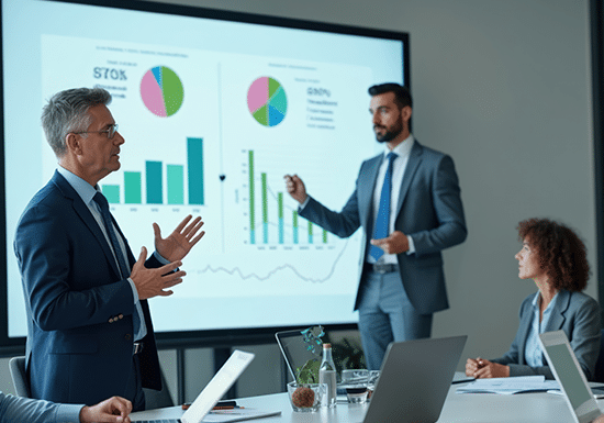 Persona che parla ad un pubblico con una presentazione sullo sfondo