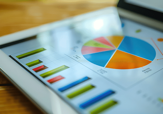 Primo piano di un report con grafico a torta e altri indicatori