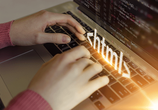 Person typing on a computer, "html" logo overlaid