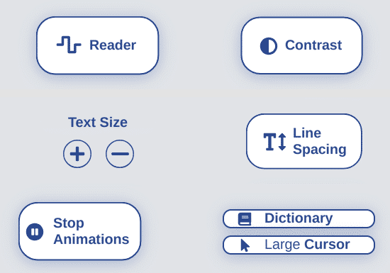 okWidget panel with buttons for Reader, Contrast, Text Size, Line Spacing, Stop Animations, Dictionary and Large Cursor